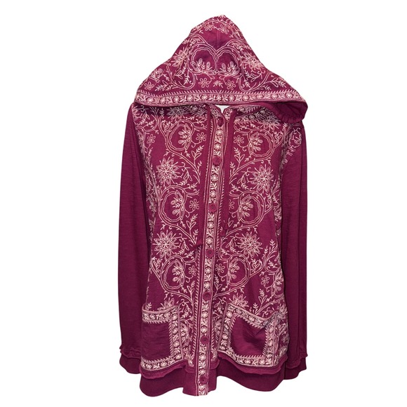 Soft Surroundings Tops - Soft Surroundings Embroidered Floral Zip Up Hooded Jacket Burgundy Size Small